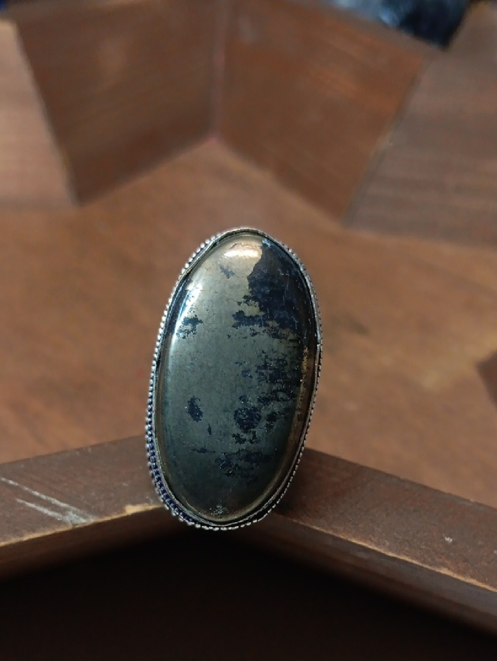 Oval Dark Metallic Pyrite Stone Ring in Silver Setting
